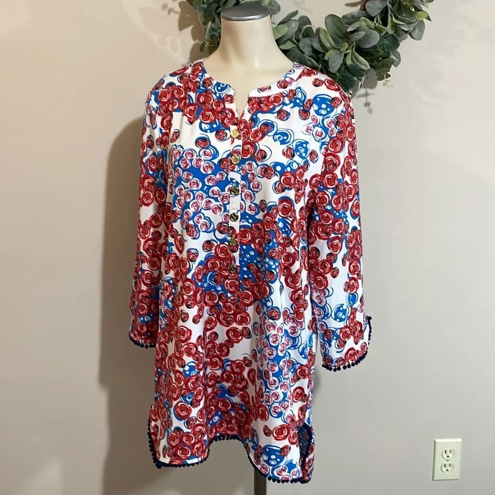 Tracy Negoshian White Tunic with Red & Blue Floral Swirl Print
